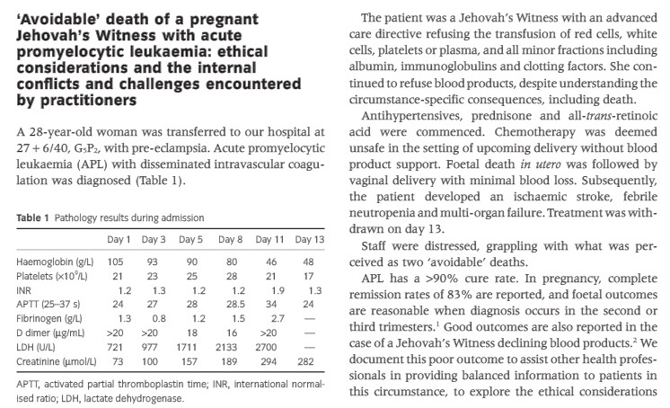 ‘Avoidable’ death of a pregnant Jehovah’s Witness with acute promyelocytic leukaemia: ethical considerations and the internal conflicts and challenges encountered by practitioners