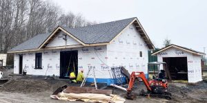 Volunteers made quick work on the new Jehovah’s Witnesses Kingdom Hall in Port Clements. On Jan. 12, after working on the structure for 10 days, it already looked like a building. (Photo: Courtesy of Jehovah’s Witnesses)