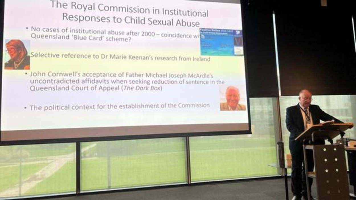 Professor Keith Thompson discussing the Royal Australian Commission report at the Australian National University yearly conference on religion, April 13, 2023.